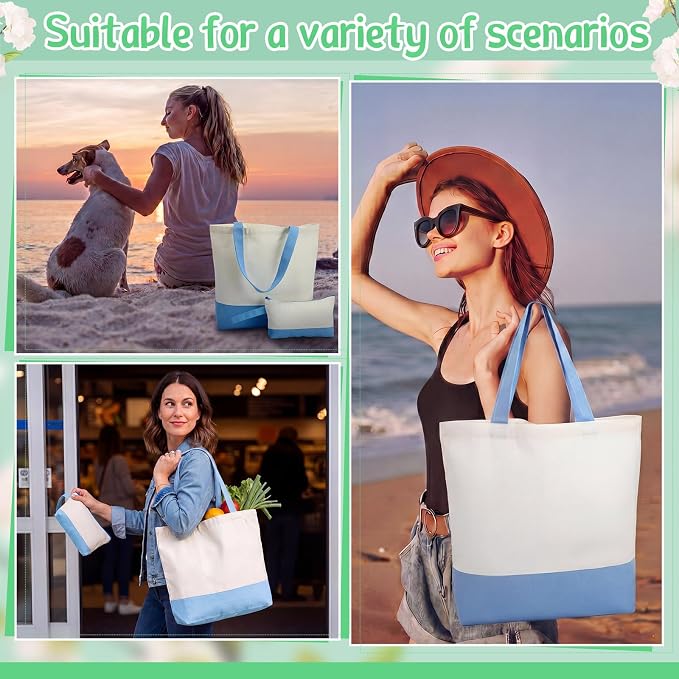 Sanwuta 30 Pcs Canvas Tote Bags Bulk with Zipper Cosmetic Pouch,Light Blue | 18.5" Reusable Cotton Shopping Bag with Handle for DIY Craft - Image 2