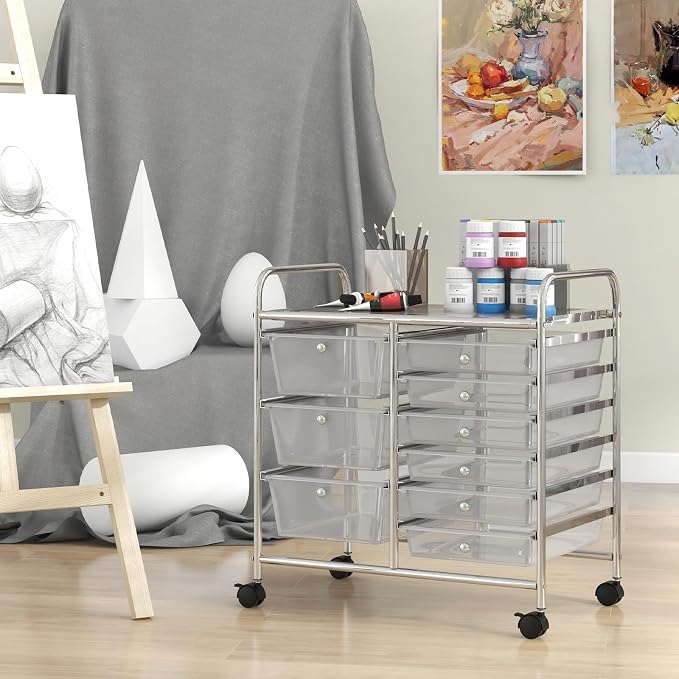 Moccha 9-Drawer Rolling Storage Cart - Under Desk Storage Drawers with wheels for Craft Art Supply Paper Salon, Scrapbook Paper Tools, Mobile Utility Cart for Classroom, Clear - Image 8