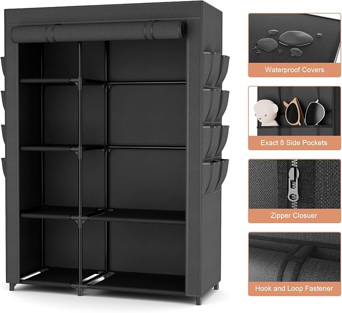 Portable Closets for Hanging Clothes, Wardrobe Closet with Hanging Rod and Clothing Storage Shelves, 8 Side Pockets, Free Standing Clothes Rack with Cover, for Bedroom and Dorm, Black - Image 4