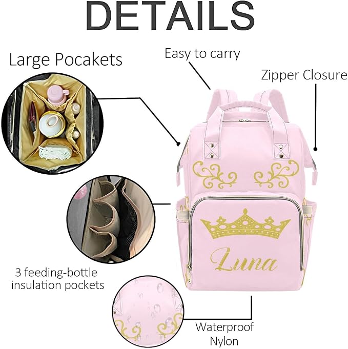 Crown Personalized Baby Diaper Bag – Custom Name Waterproof Nappy Backpack with Multi Compartments – Stylish Gift for Mom, Dad, Baby Shower & Outdoor Travel - Image 5