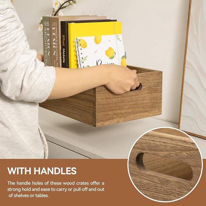 KIRIGEN Nesting Wood Crates with Handles, Set of 3 Storage Boxes Brown | 3 Different Size Decorative Box Organizer for Towels, Books, Crafts Fully Assembled - Image 4