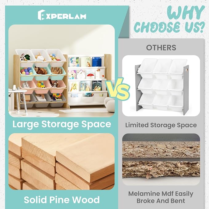 EXPERLAM Kids Toy Storage Organizer with Bookshelf - 12 Multi-Color Bins and 4 Book Shelves, Organizers and Storage for Playroom, Nursery, Room, Burlywood - Image 5