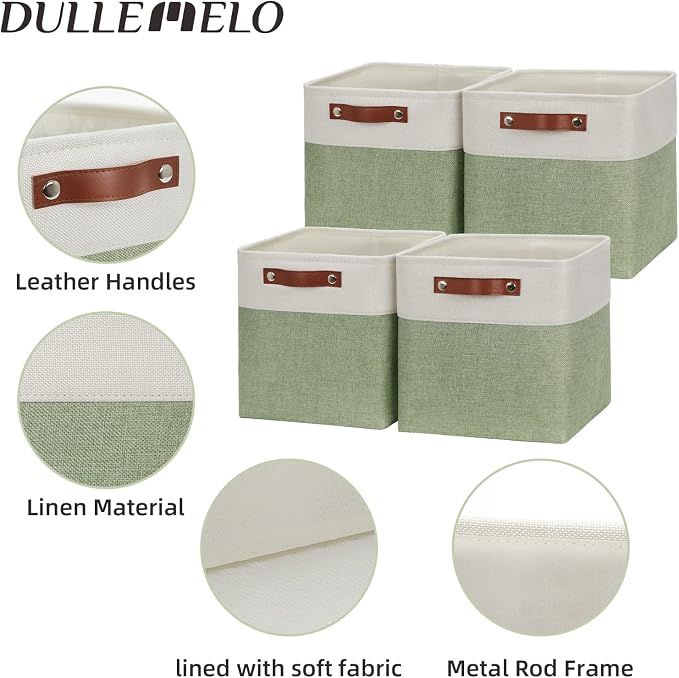DULLEMELO Storage Baskets for Organizing, Fabric Storage Cubes for Box, 11 Inch Decorative Cube Storage Bins with handle for Gift Basket(4 Pack - 11" White&Green) - Image 5