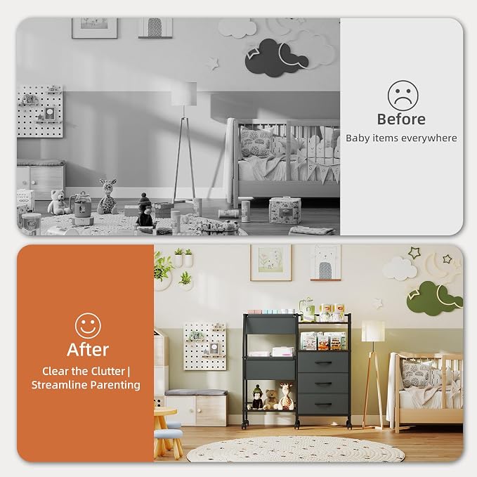 Somdot Baby Diaper Caddy Organizer, 3-Tier Rolling Cart with Drawers | Large-Capacity Metal Nursery Organizer with Removable Dividers, Charcoal Grey - Image 4