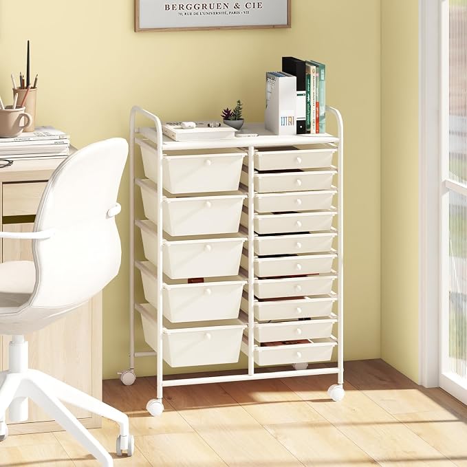 RELAX4LIFE 15-Drawer Storage Drawer Carts - Mobile Rolling Utility Cart w/Wheels, Craft Organizer for Classroom Organization and Storage, School, Office, Home, Storage Organizer Cart (White) - Image 2