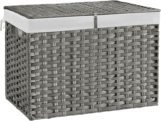 240L Wicker Storage Basket with Lid, Handwoven Rattan Large Shelf Basket with Removable Liner, 63.5 Gallon Wicker Basket for Blanket, Storage Trunk with Handle for Closet, Bedroom, Livingroom, Grey by Hiagnete