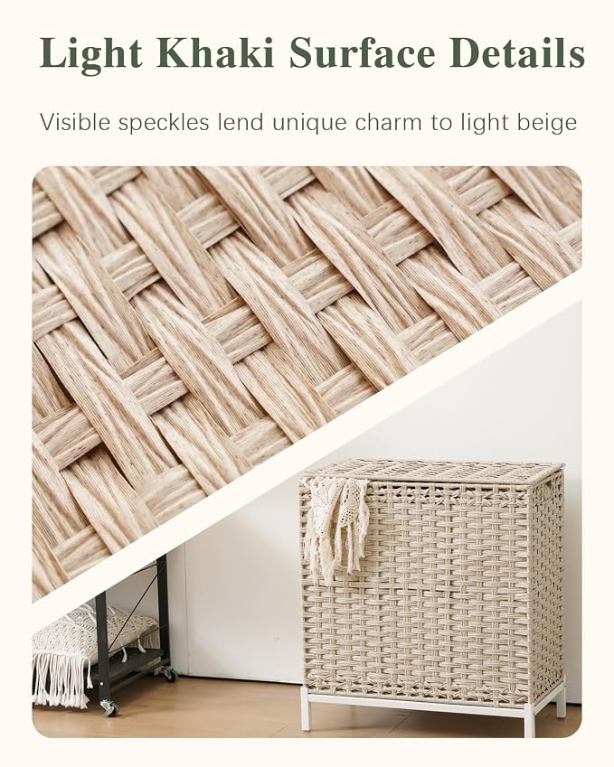 SETVSON Laundry Hamper with Lid,Clothes Hamper with Lid,132 L, Light Khaki | 35 Gallons, Handwoven Rattan Laundry Hamper, Metal Heightened Feet, 3 Removable Liner Bags for Laundry - Image 6