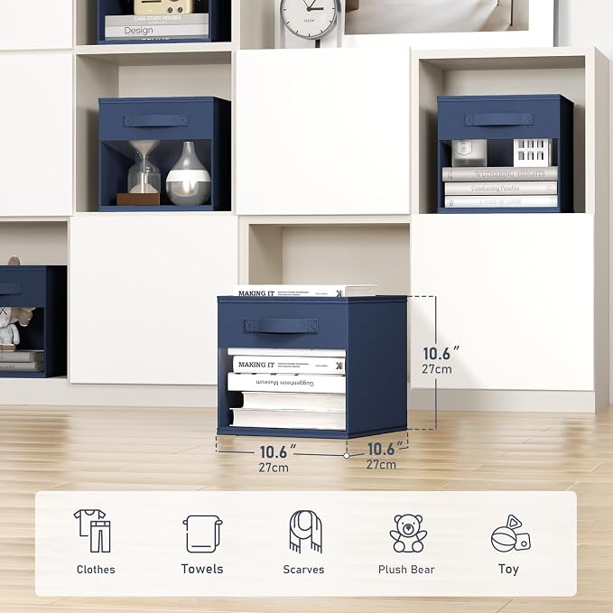 DIMJ Storage Cubes, Cube Storage Bin, 8 Pack Foldable Baskets with Window, Closet Storage Bins with Handle, 11x 11 inch Storage Cubes for Clothes, Toys, Books (Navy Blue) - Image 2