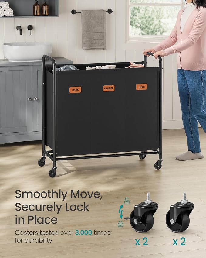 SONGMICS 3-Section Laundry Sorter, Laundry Hamper with Wheels, Rolling Clothes Hamper Cart with Large Capacity and Removable Bags, for Laundry Room, Bedroom, Bathroom, Ink Black URLS330B01 | Rolling Clothes Hamper Cart, Large Capacity, for Laundry Room... - Image 4