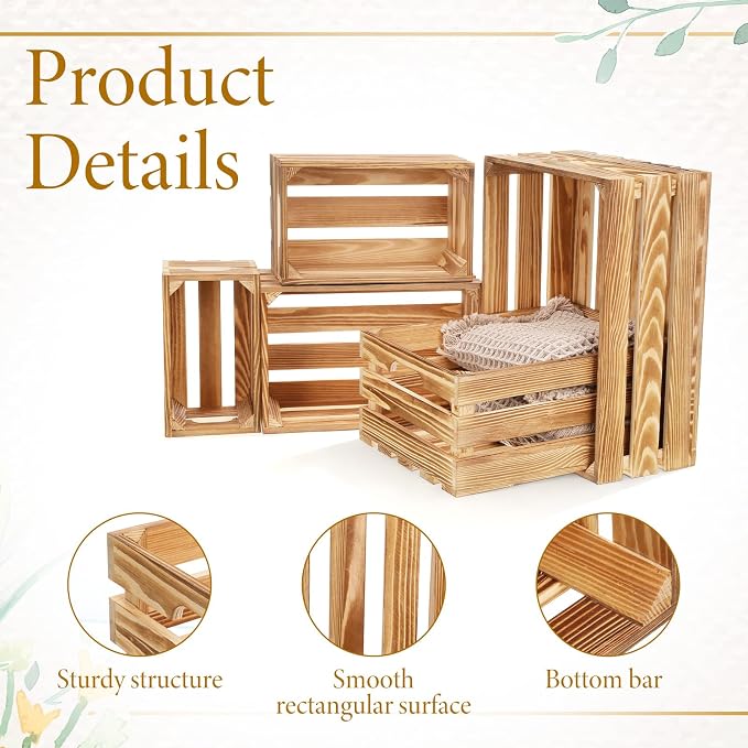 5 Pcs Decorative Nesting Wooden Crates for Storage Display Rustic, Large Torched Wood Storage Crates, Large Farmhouse Wooden Basket with Handle for Storages Container and Decorations, 5 Size - Image 3