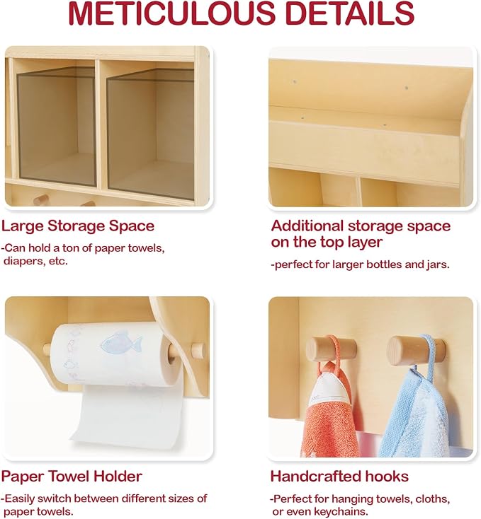 Monläurd® 100% Birch Diaper Organizer for Wall – Wooden Wall Mounted Storage Shelf for Nursery & Daycare, Baby Changing Table Organizer with Hooks & Towel Holder - Image 5