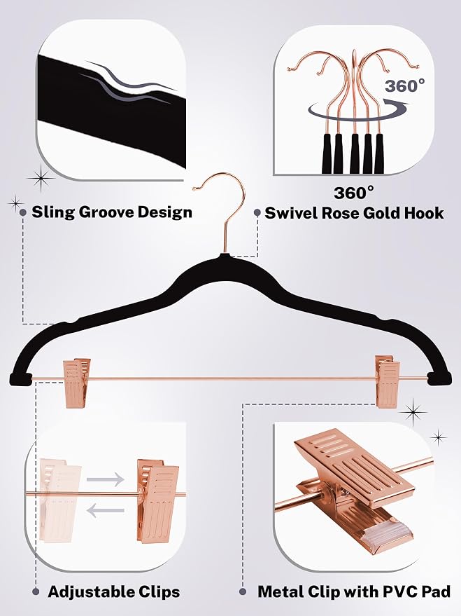 HOUSE DAY Hangers with Clips 24 Pack,     | Black, Non Slip Velvet Flocked, 0.2" Ultra Thin, Space Saving Hangers, Soft Touch, For Pants, Skirt, Shorts, Coat - Image 3