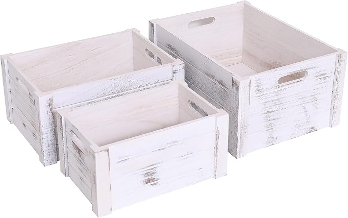 Farmhouse Antique White Wooden Crate For Storage,Rustic Decorative Boxes,Set Of 3 Extra Large Nesting Wooden Storage Crates For Home Decor,Handmade Natural Solid Wood Box (Rustic White) - Image 8