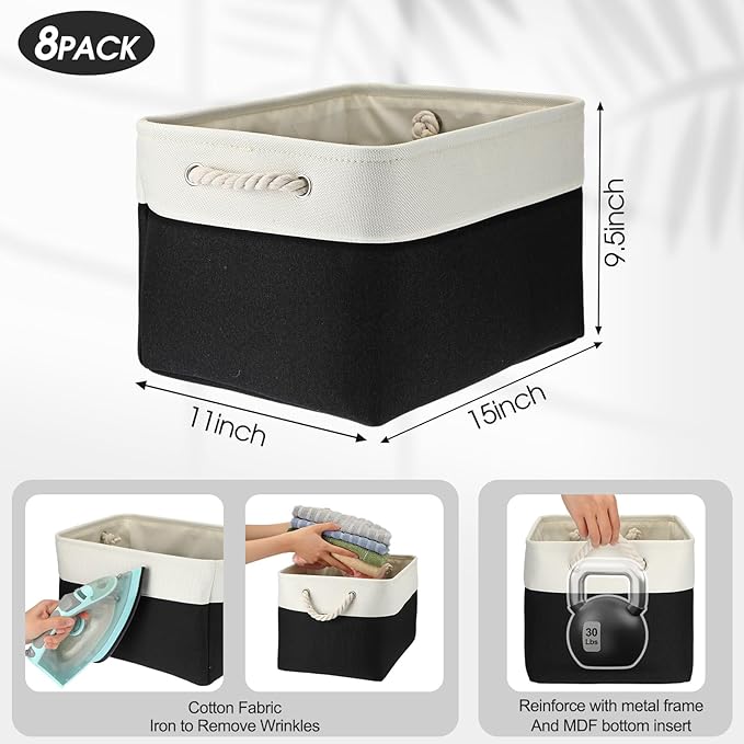 meekoo 8 Pack Collapsible Storage Bins Fabric Storage Bins Polyester Fabric Baskets with Handles Linen Closet Organizer for Shelf Home Closet Towels Toys(15 x 11 x 9.5 in,Black White) - Image 3