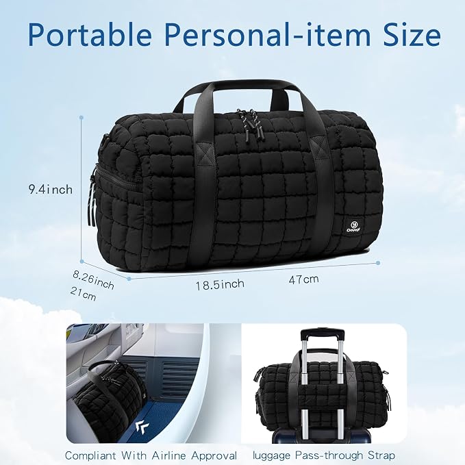 Quilted Gym Bag for Women,Duffle Bag for Travel with Wet Pocket,Carry on Weekender Bags for Women,Travel Bag with Shoe Compartment(Black) - Image 4