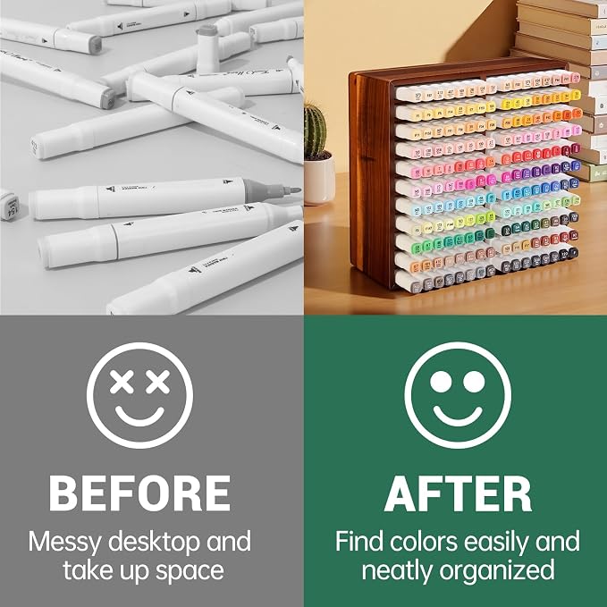 Acacia Wood Marker Organizer with 22 Compartments Holds 176 Markers, Alcohol Marker Storage Desk Organizer Pen Holder for Office Home Classroom Artists Kids Birthday Gift - Image 2