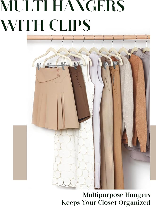 Cozymood Velvet Skirt Hangers 36 Packs Ultra Thin Hangers with Clips | Non Slip Velvet Pant Hanger Space Saving Clothes Hanger With Clips for Pants, Skirts, Jeans, Shorts (Beige) - Image 2