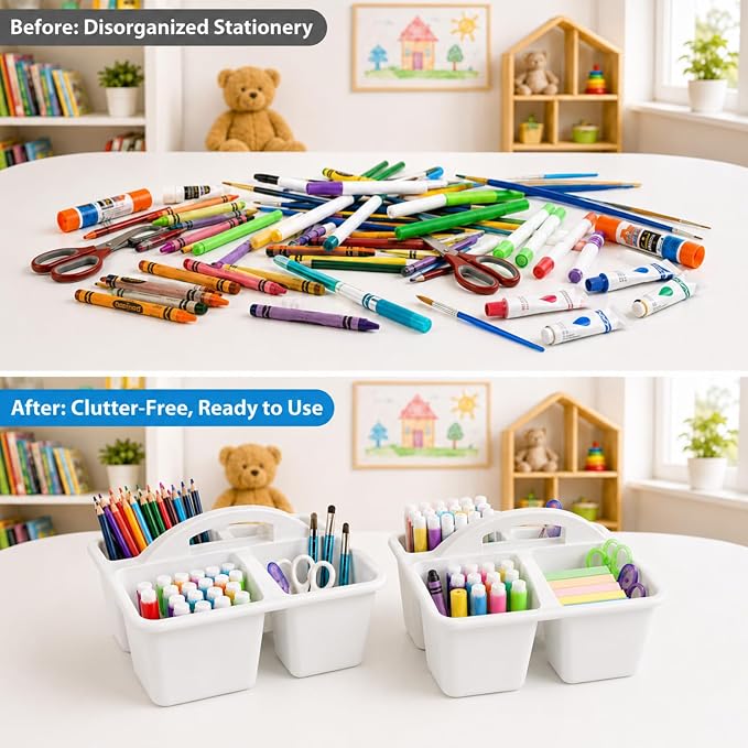 6 Pack Assorted Colors Classrooms Caddy 4 Compartment Classroom Caddy Compartment Caddies Set Table Caddies Classrooms with Handle for Classroom Organization Table Desk Office Supplies(White) - Image 4