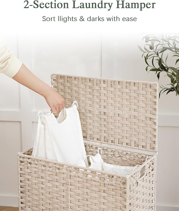 SETVSON Laundry Hamper with Lid, Wicker Laundry Basket, 112 L, Light Khaki | Handwoven PE Rattan, 2 Removable Liner Bags, Metal Heightened Feet, 6 Mesh Bags, Clothes Hamper for Bathroom Bedroom - Image 3