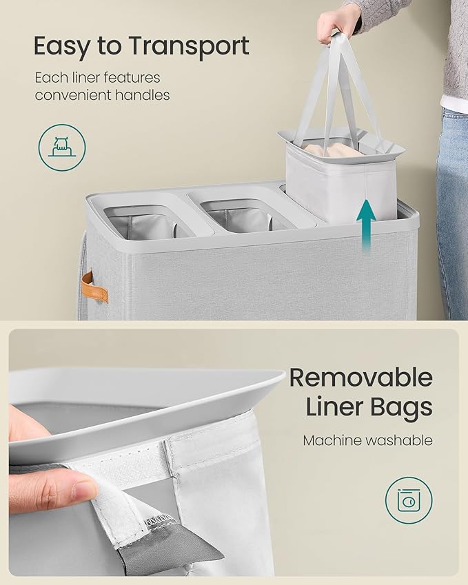 SONGMICS Laundry Basket, 50.2 Gal. Laundry Hamper, 3 Compartments, Easy Assembly, with Lid and Handles, Removable Liners, 25.2 x 15.7 x 29.5 Inches, Dove Gray ULCB814GD01 - Image 5