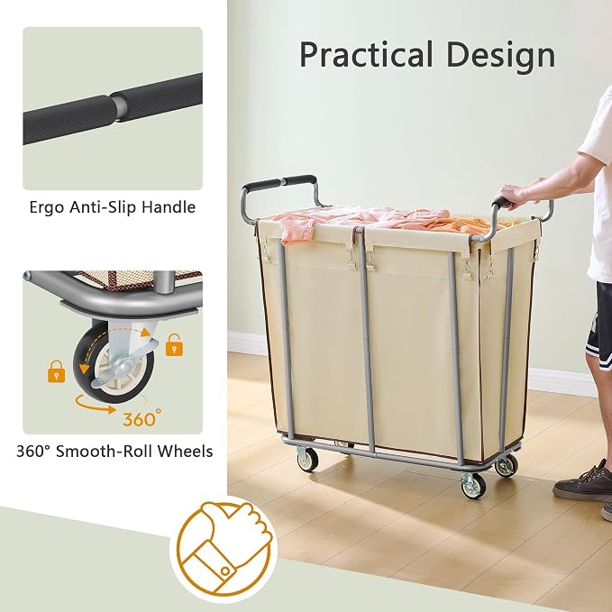 Gewudraw 360L Laundry Hamper with Wheels, Khaki, 95 Gallons | Heavy Duty Rolling Laundry Basket Commercial, Large Laundry Cart with Handle for Bathroom, Bedroom, Hotel, Steel Frame - Image 6
