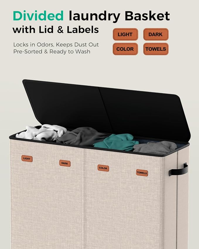 185L Laundry Hamper 4 Section with Lid & Removable Bags | Collapsible laundry basket organizer for laundry room, bedroom & dorm with 5 removable washing bags - Image 2
