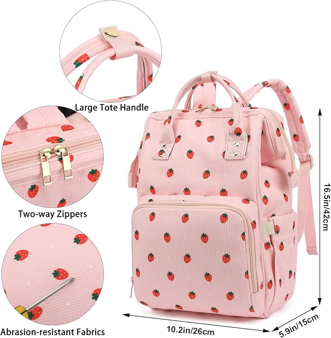 Corduroy Diaper Bag Backpack for Baby Girls Boys, Women Large Nappy Bags for Mom (Pink Corduroy Strawberry) - Image 7