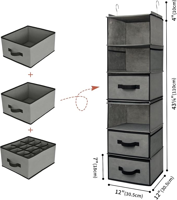 GRANNY SAYS Hanging Closet Organizer, 5 Drawers, 6 Shelves, 4 Pockets, Gray | Hanging Closet Organizer with 5 Different Drawer Designs, 6 Shelves & Reinforced Structure for Organized Small Spaces - Image 3