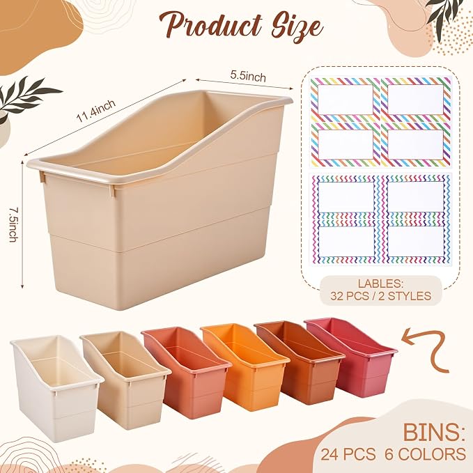 Blosssound 24 Set Book Bins for Classroom Stackable,Earth Tones | Plastic Baskets with Labels, Slanted Front, Library Supplies Organizers, Desktop Storage Bins, Teachers Home School Use - Image 2