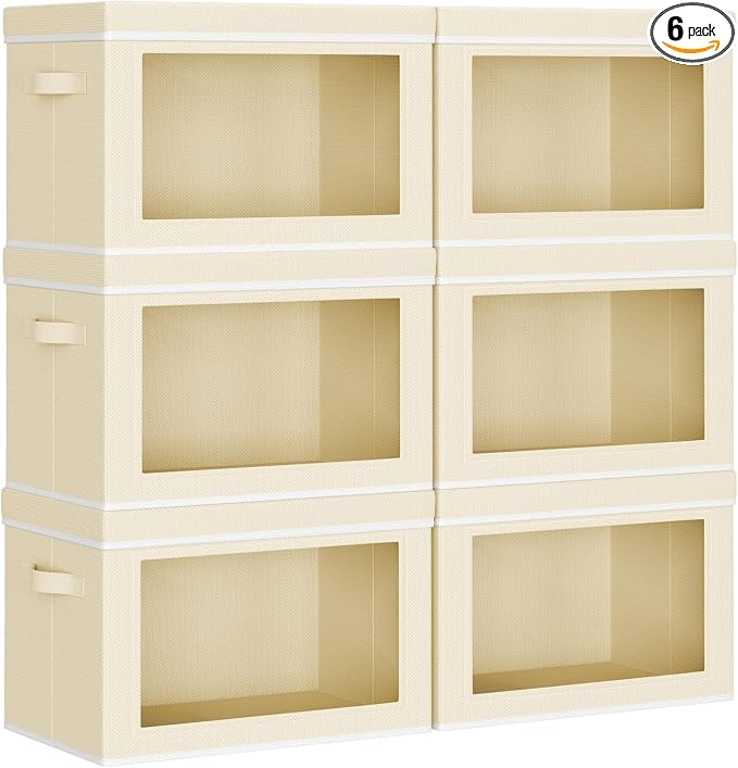 Large Storage Baskets with Lids - Stackable Cube Bins for Closet, 6 Pack Beige Windows Organizer Bins, Home Organizers and Storage for Clothes, CD, Towels by Homsorout