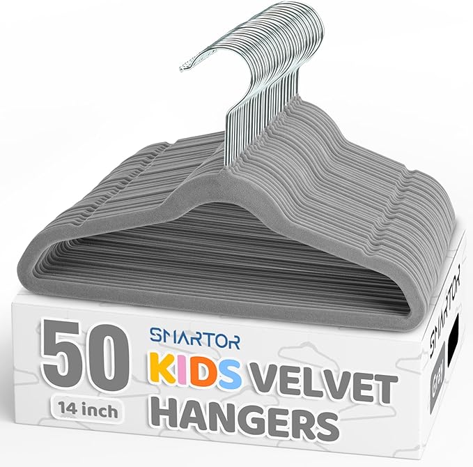 Premium 14 Inch Kids Hangers 50 Pack, Baby Velvet Hanger Non Slip | Grey Space Saving Felt Hangers Clothes Organizers for Closet with 360° Swivel Hook for Children, Toddler & Teens by Smartor