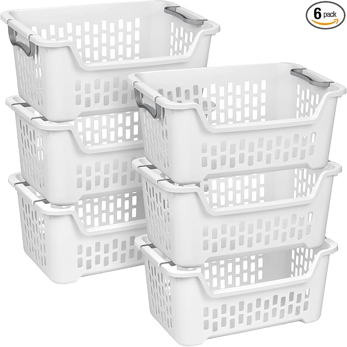 Sterilite Stacking Laundry Basket, Plastic Clothes Hamper, 6 Pack | 2 Bushel, White - Dirty Clothing Storage Organizer with Handles for Bedroom, Bathroom, and Closet by Sterilite
