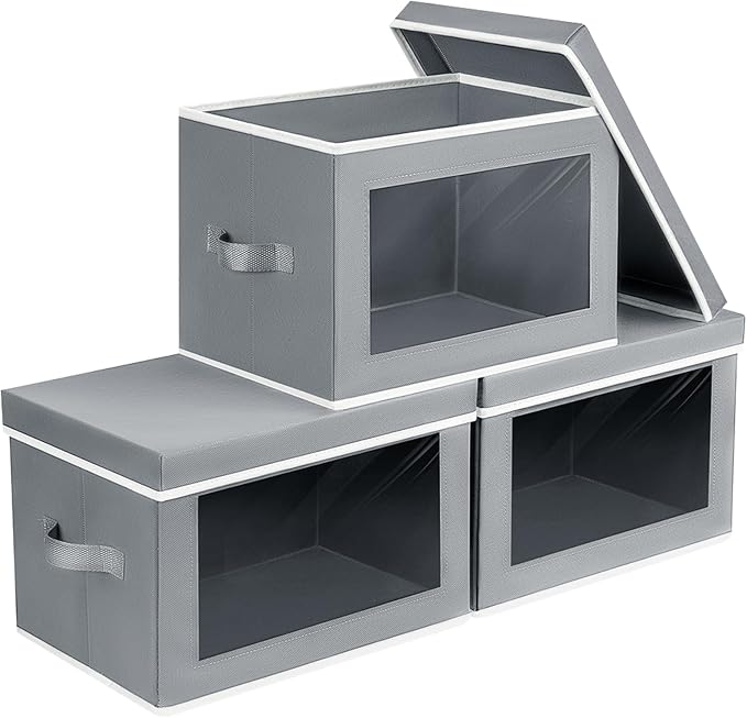 Decorative Bins with Lids - Stackable Cube Bins for Closet, 3 Pack Clear Windows Fabric Organizer Bins, Home Organizers and Storage for Clothes, CD, Towels, Grey by Homsorout