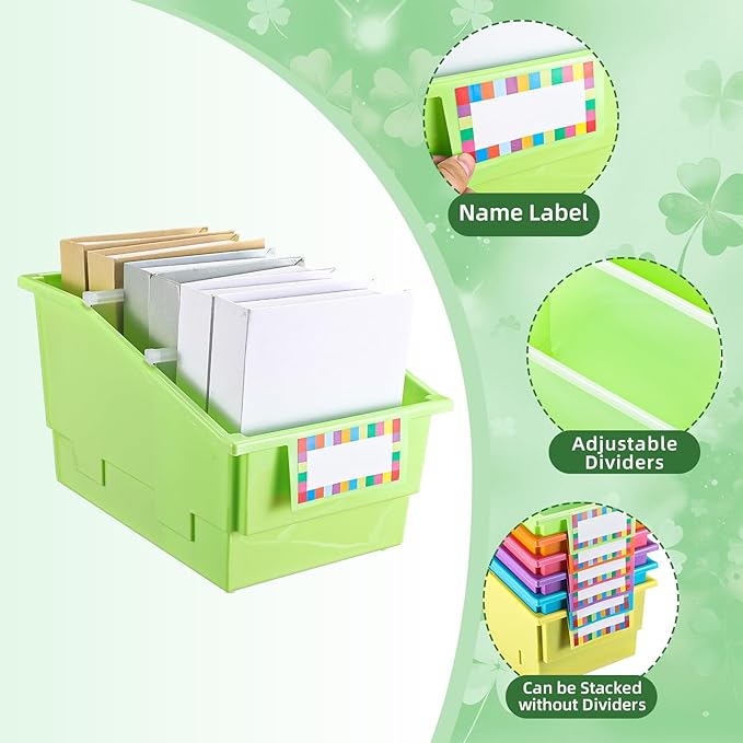Lineshading 6 Pack Picture Book Organizer Bins with Dividers Large Plastic Book Holders with Labels Multi Purpose Classroom Organization Bins Storage Container (Multicolor,8.75" X 13.5" X 7.75") - Image 3