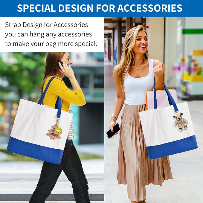 6-Pack Canvas Tote Bags with Zipper, Large Grocery Tote, Royal Blue | Reusable, washable, inner pocket, flat bottom, sturdy handle, for sublimation DIY/transfer, travel/beach/gift/Christmas craft - Image 2