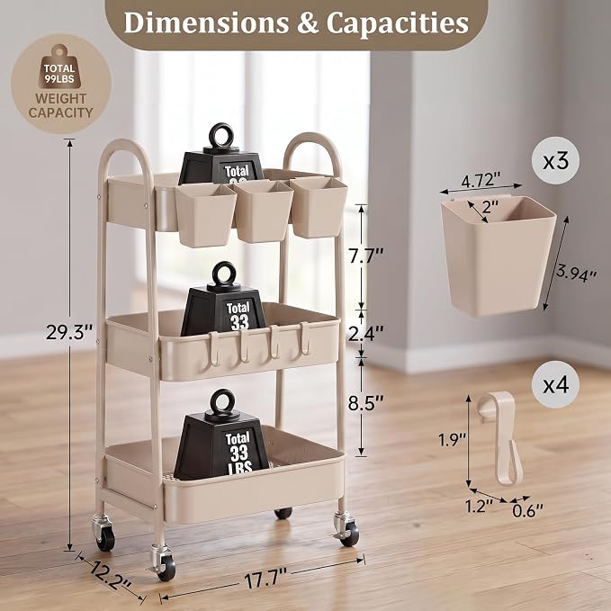danpinera 3-Tier Rolling Cart, Utility Cart Mobile Metal Rolling Storage Cart with Lockable Wheels & Hanging Cups & Hooks for Kitchen, Bathroom, Office, Workshop, Beige - Image 2