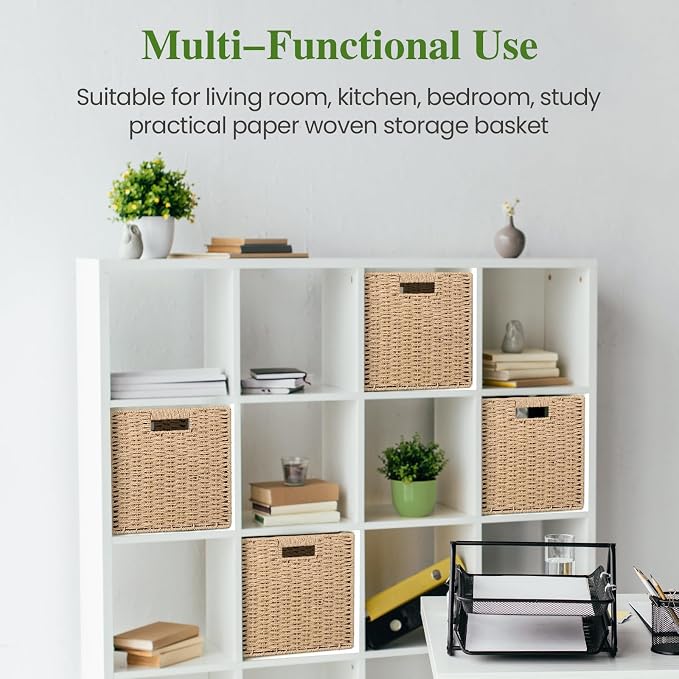 Patvingot 11-Inch Paper Rope Wicker Basket with Built-In Handles,2 Pack | For books, throws and accessories on open shelves, decorative woven texture, metal frame supports the shape, folds flat - Image 6