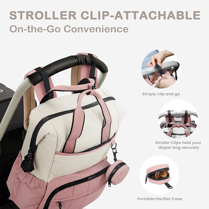 VONAL Diaper Bag Backpack, Lightweight Baby Diaper Bags, Travel Large Diaper Bag with Changing Station, Pink Diaper Backpack for Boys Girls Newborn with Insulated Pockets, Stroller Straps - Image 7