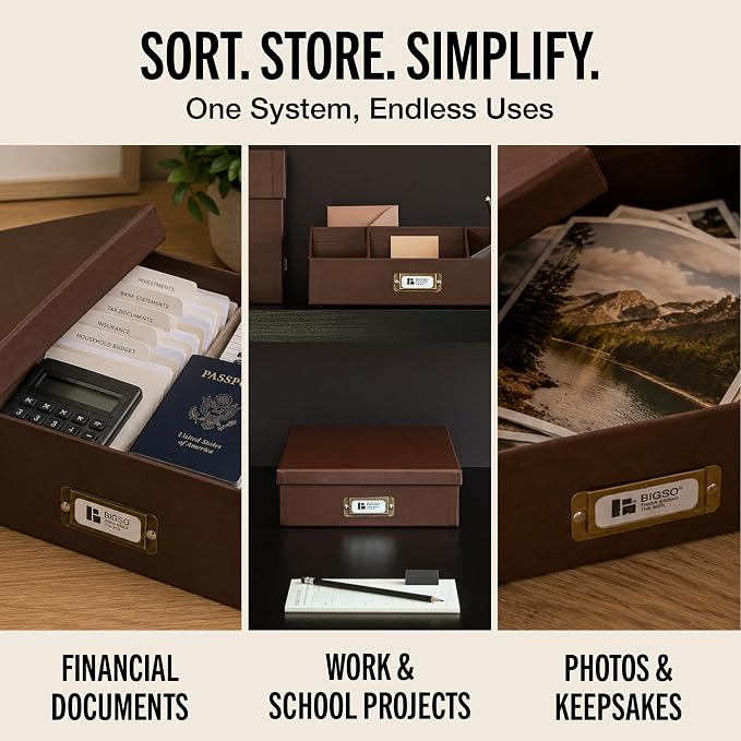 Bigso Oskar Fiberboard Document Storage Box with Lid for A4 and Letter Size Papers - Stylish, Sturdy, and Stackable Keepsake Box with Label Holder - W10.2in x D13.8in x H3.3in - Recycled Leather - Image 6