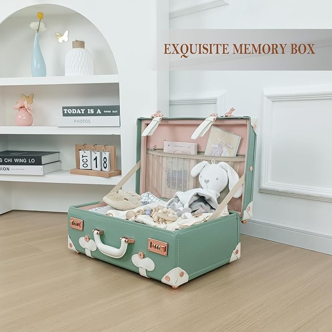 Unitravel Baby Keepsake Case, 18" Handmade Memory Storage Box, Newborn Keepsake Box, Vintage Suitcase for Baby Shower, Baptism, Naming Ceremony or Birthday (mint green) - Image 3