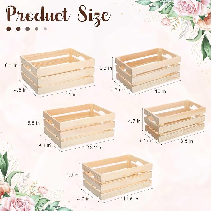 Soaoo 5 Pcs Decorative Nesting Wooden Crates for Storage Display 5 Size Large Small Rustic Wood Decorative Storage Crates with Handle Farmhouse Crate Box Container Made from Pine(Natural Color) - Image 2