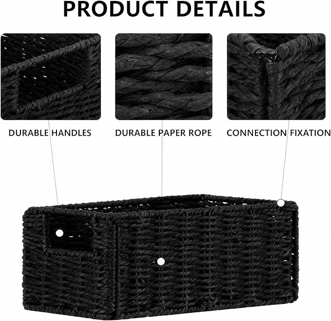 6 Pcs Small Wicker Baskets, Wicker Woven Storage Basket with Handle | Toilet Paper Baskets Towel Basket Foldable Cube Storage Organizer Bins for Shelves, Black - Image 3