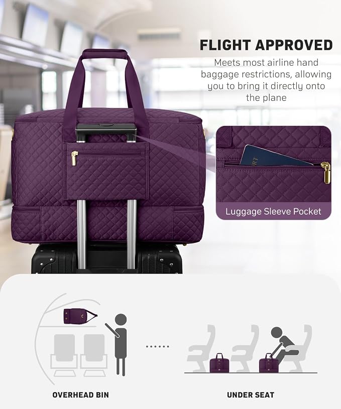 Duffle Bag for Travel, 40L Weekender Bag with Shoe Compartment, Carry On Overnight Bag for Women with Toiletry Bag Duffel Bags with Wet Pocket for Gym Hospital Bags for Labor and Delivery Dark Purple - Image 6