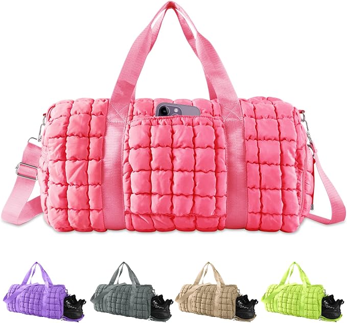 Quilted Travel Duffle Bag Gym Bag for Women,Large Puffer Duffle Weekender Bag with Compartment,Workout Overnight Carry on Organizer Bag Duffle Bag for Airplane Travel(Pink) by XSUIOY