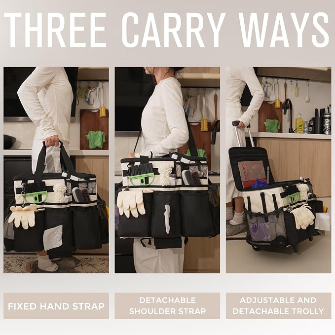 SCAVATA Rolling Cleaning Caddy Bag with Detachable Trolley, Large Cleaning Supplies Organizer with Wheels, Multi-Pocket Cleaning Cart with Adjustable Shoulder Strap for Housekeepers (CreamWhite) - Image 6
