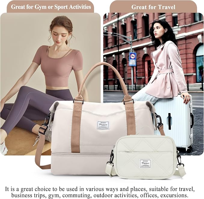 Weekender Bags for Women,Personal Item Travel Bag with Shoes Compartment,Overnight Travel Duffel Bag with Quilted Toiletry Bag,Beige&Brown - Image 8
