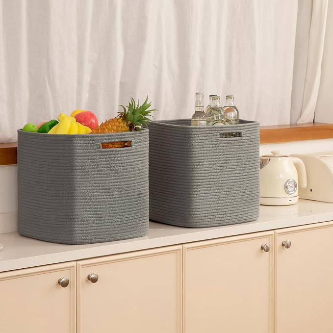 OIAHOMY 2 PACK Cube Storage Bin 13 Inch Collapsible Storage Cube Dark Grey | Cube Storage Organizer Storage Bins for Shelves Baskets for Organizing Woven Rope Storage Baskets - Image 6