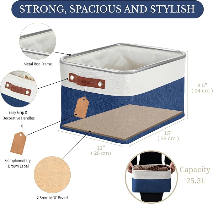 DECOMOMO Storage Bins, Large Fabric Storage Baskets for Shelves 4 Pack | 15 x 11 x 9.5 inches Decorative Linen Closet Organizers (Navy Blue & White) - Image 3