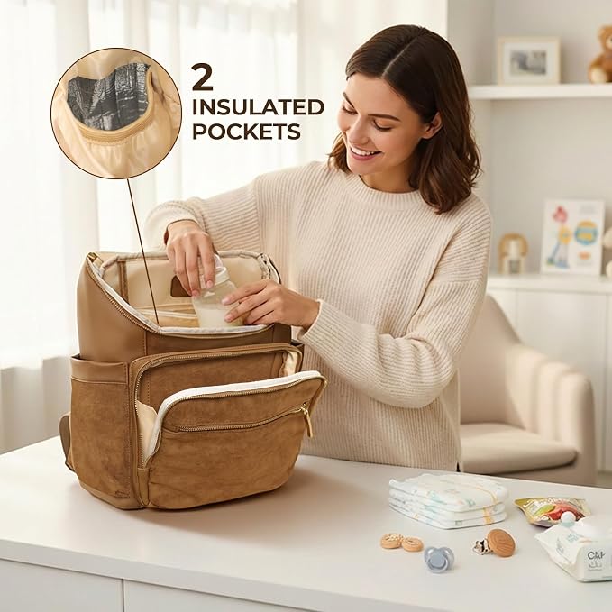 miss fong Diaper Bag Backpack Suede Baby Backpack with Changing Pad | 14Pockets Convertible Mommy Diaper Backpack for Mom Waterproof Wet Pocket,Insulated Pockets,Stroller Straps Luggage Sleeve - Image 7