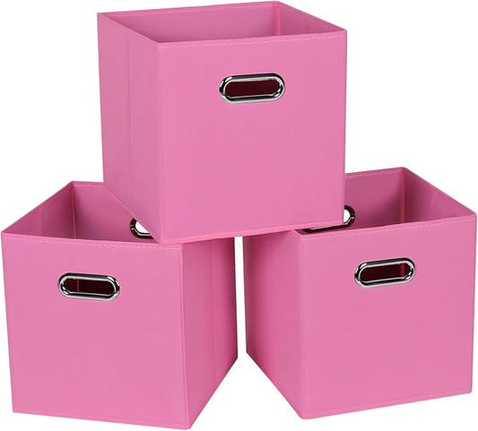 STOREONE Fabric Storage Bins Cubes Baskets Containers-(11X11X11) with Dual Handles for Shelf Closet, Nursery Home ， Bedroom Organizers, Foldable Set of 3 (Pink) by STOREONE
